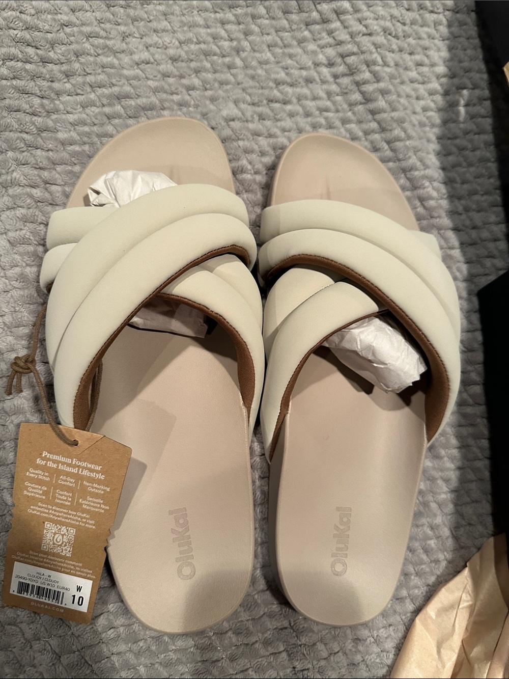 OluKai Women's Hila Cream Cross-Strap Slide Sandals in Cloudy